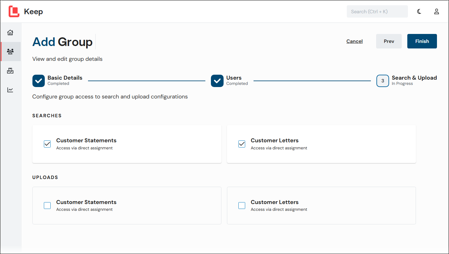 The Search and Upload stage of the Add Group process in Keep.